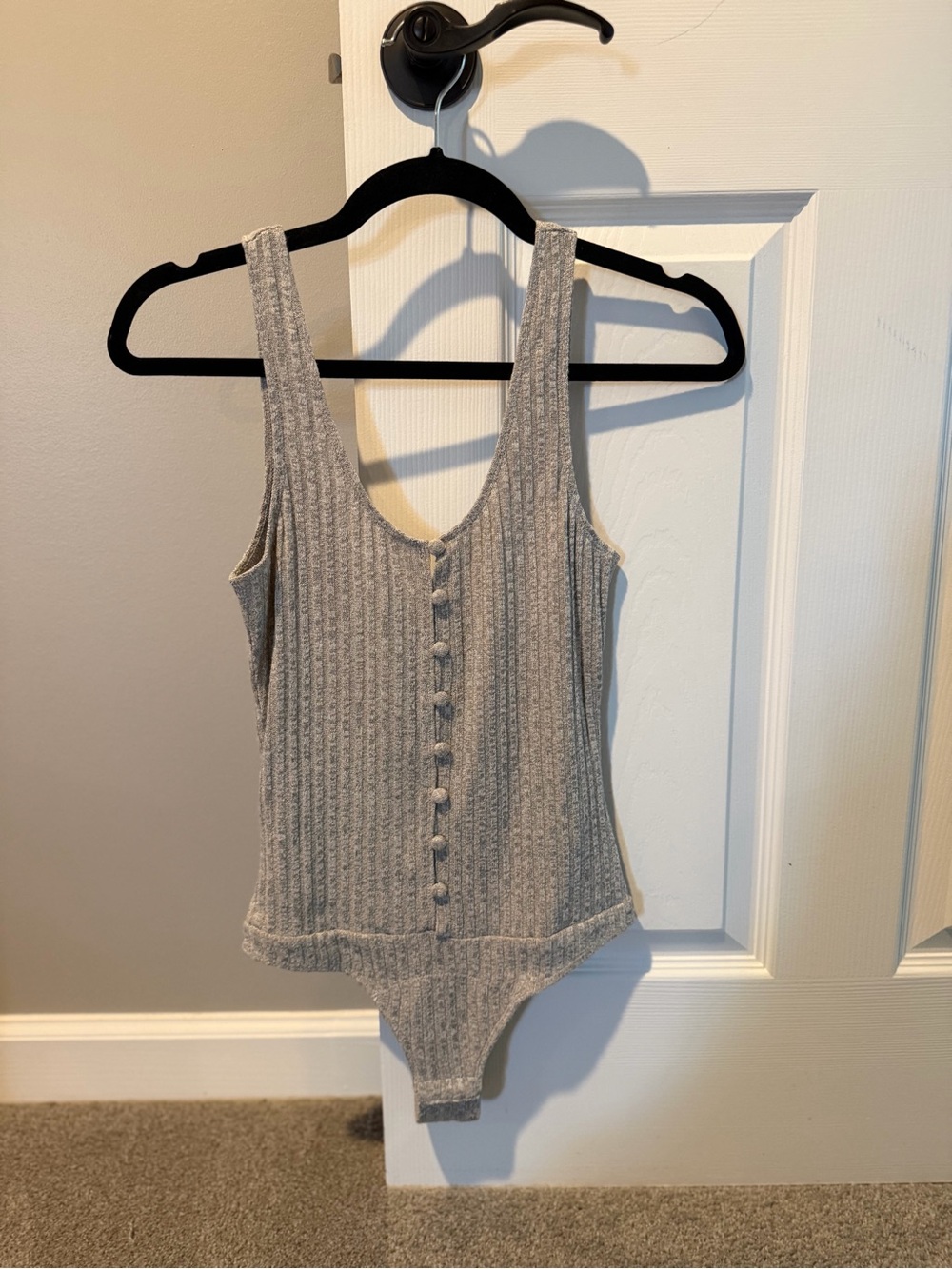 Privacy Please Ribbed Button-Front Bodysuit in Light Gray